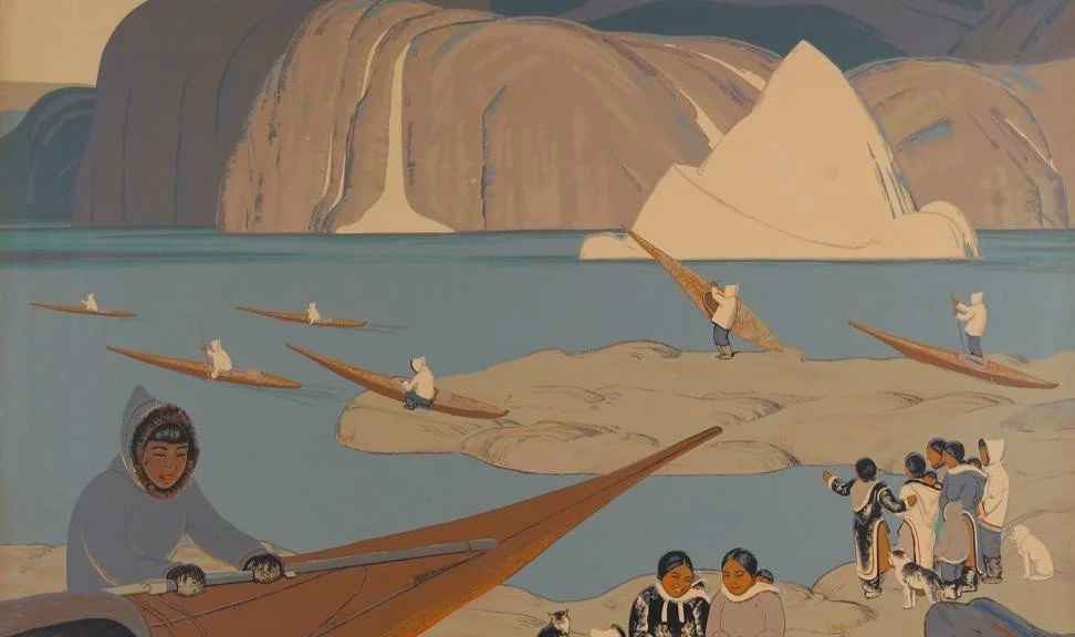 Illustration of Inuit people fishing and gathering on a rocky shoreline with icebergs and mountains in the background.
