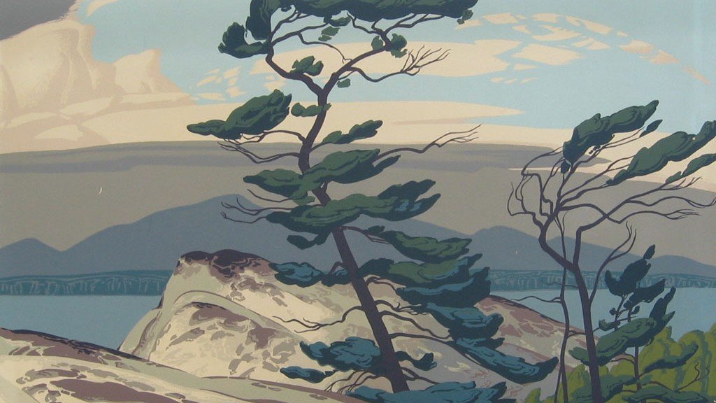 A painting of a coastal landscape with a prominent tree leaning over rugged rocks near water, with distant mountains and a cloudy sky in the background.