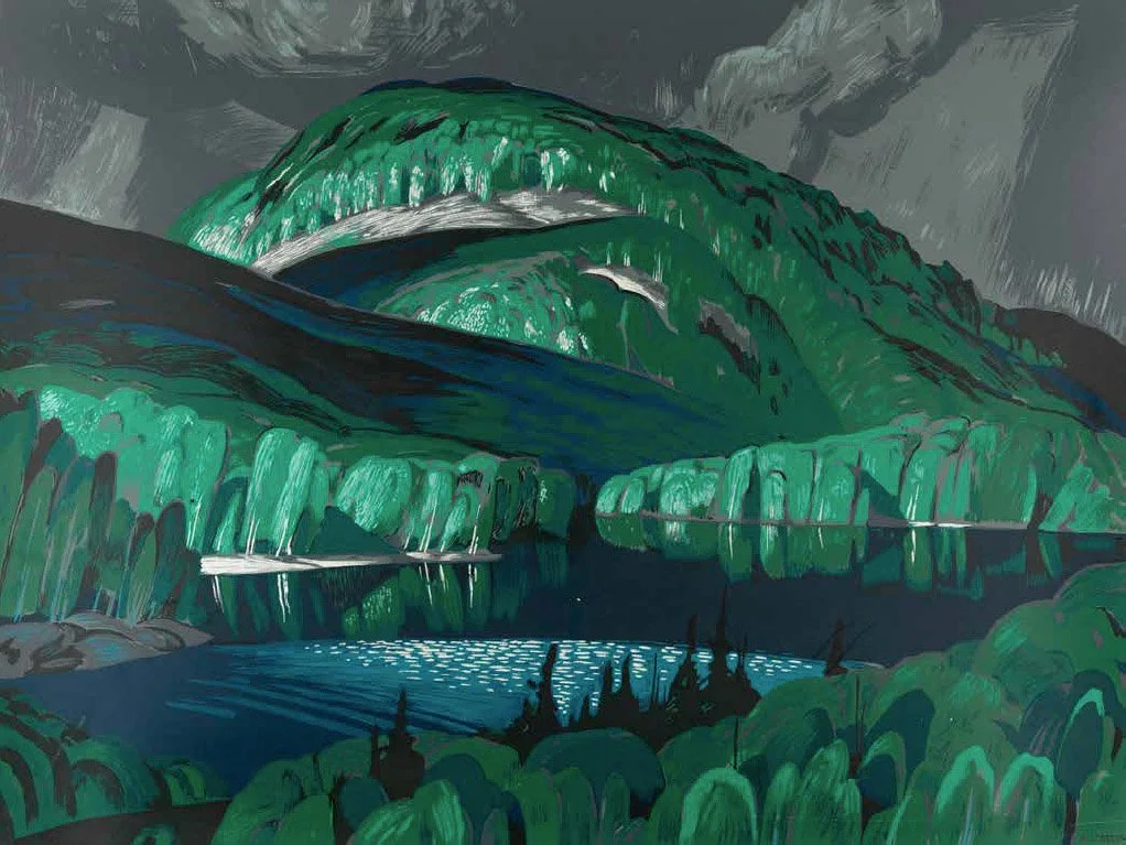 Painting of a mountain landscape with green slopes, a lake reflecting trees, and dark stormy sky.