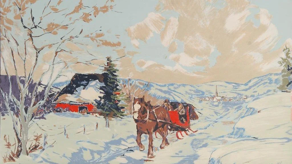 A painting of a snowy winter landscape with two people riding in a horse-drawn sleigh, a house with a thatched roof, and a distant village church steeple.