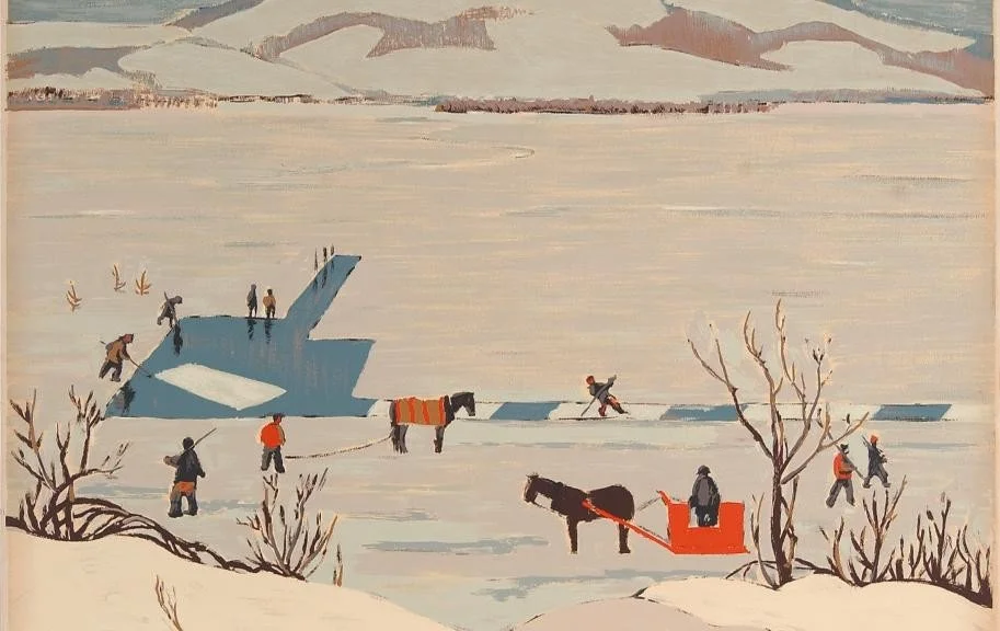 Children and adults skating and playing on a frozen lake with a small sled being pulled by a horse, surrounded by snow-covered trees and distant mountains.