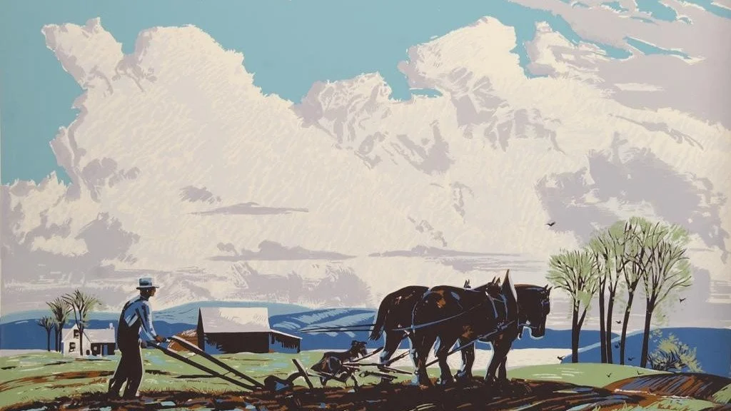Illustration of a farm scene with a man plowing the field with two horses, a dog, a barn, and trees under a cloudy sky.