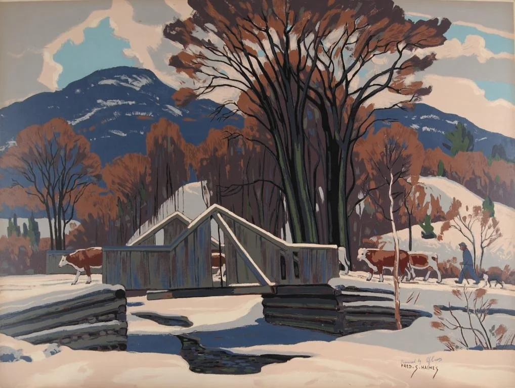 A winter landscape painting showing a snowy scene with a footbridge, cows grazing, and a person walking with a dog. Mountains and trees with autumn leaves are in the background.