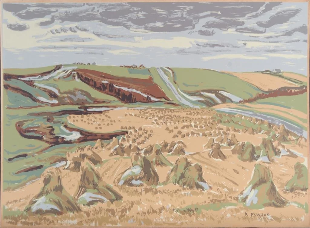 A rural landscape painting depicting a field with haystacks, rolling green hills, and a river, under a partly cloudy sky.