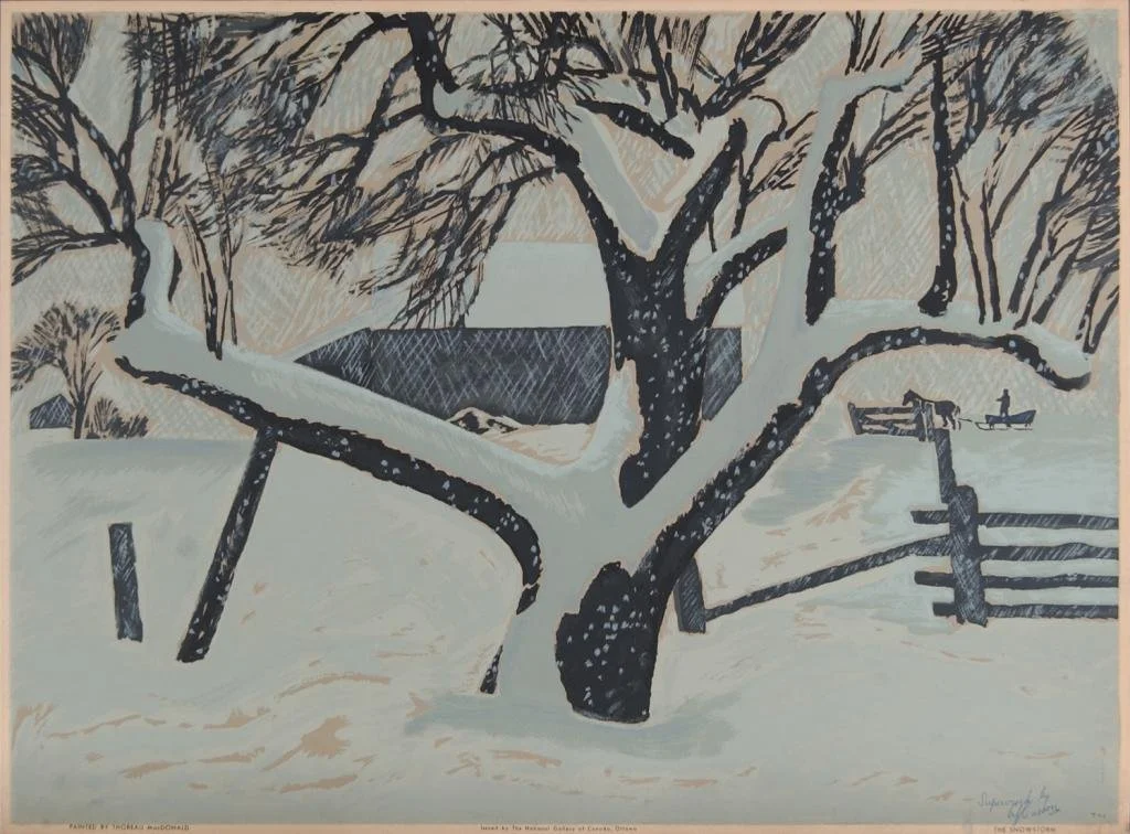 A winter landscape featuring a large, snow-covered tree with dark branches, a small fence, and two people on boats near a dock in the background.