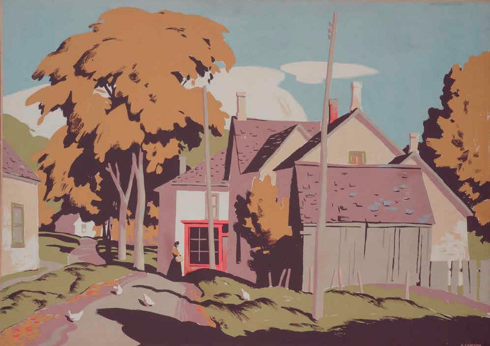A painting of a countryside scene with houses, large trees, a dirt path with ducks, and utility poles under a partly cloudy sky.