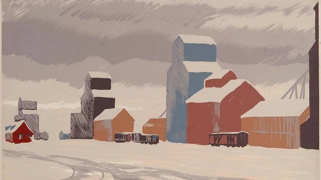 A digital illustration of a snowy landscape with several buildings, including a red house with a peaked roof, gray and brown industrial buildings, and train cars on tracks under a cloudy sky.