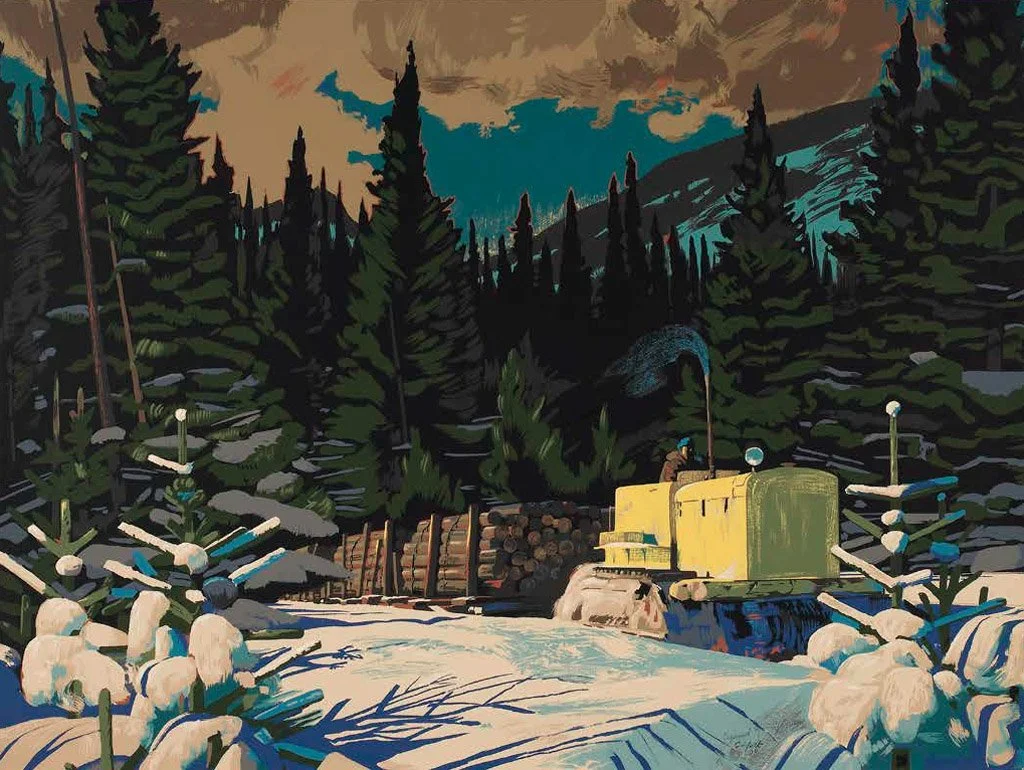 A stylized digital painting of a yellow excavator working in a snowy forest surrounded by evergreen trees, mountains in the background, and a cloudy sky.