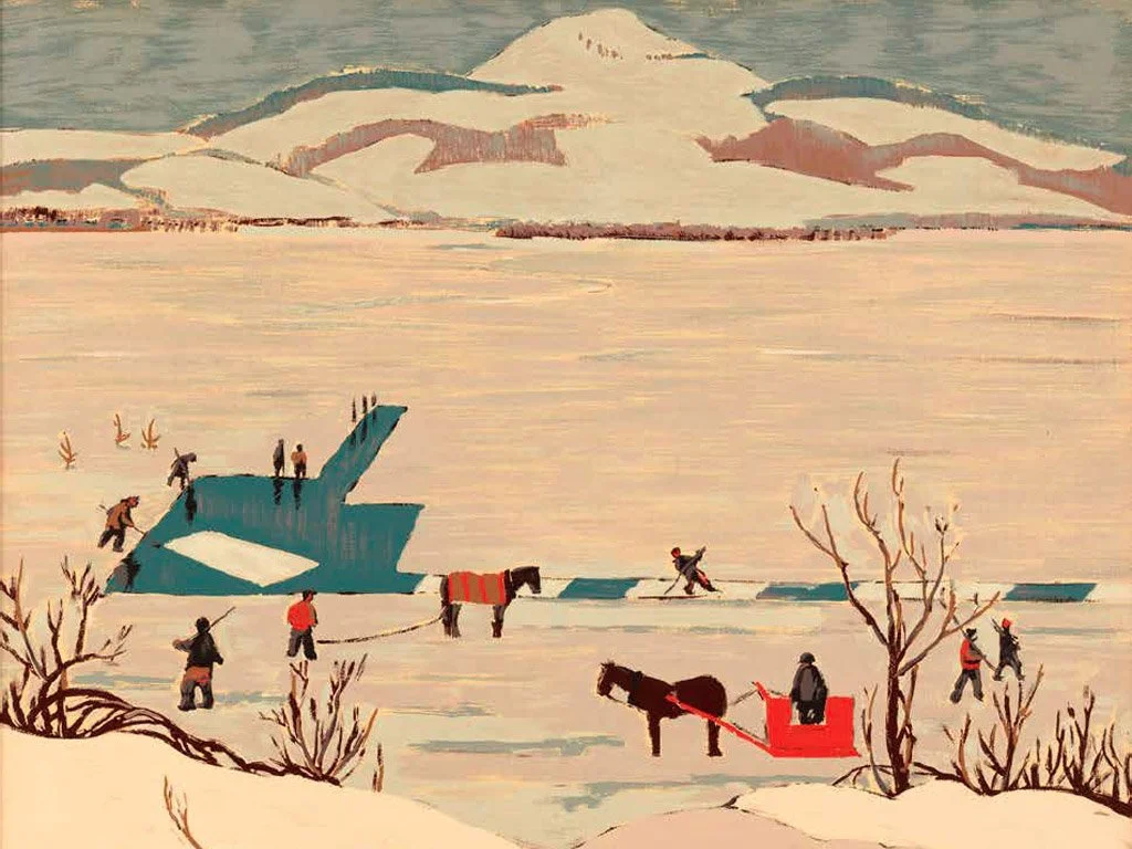 A winter scene with people ice skating and riding horse-drawn sleds on a frozen lake, with snow-covered mountains in the background.