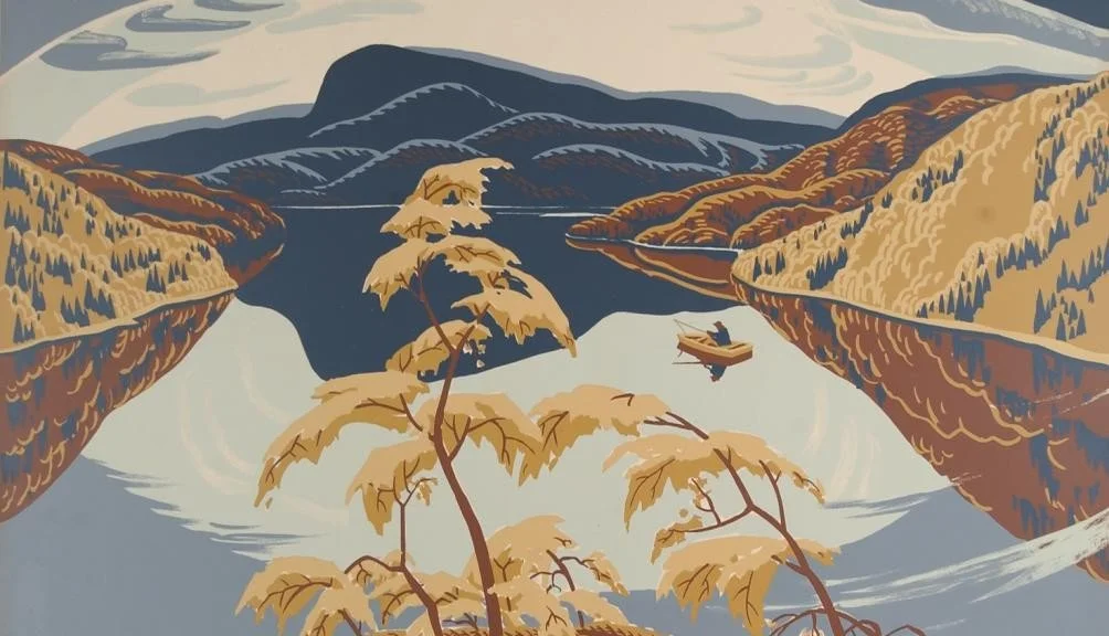 A stylized landscape painting of a river surrounded by hills and mountains, with a boat and a person in it on the river.