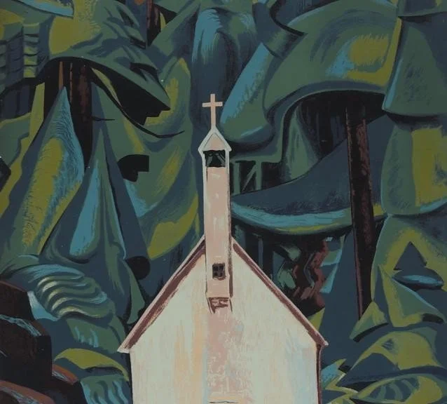 A painting of a small church with a steeple and cross, surrounded by green and blue abstract foliage.
