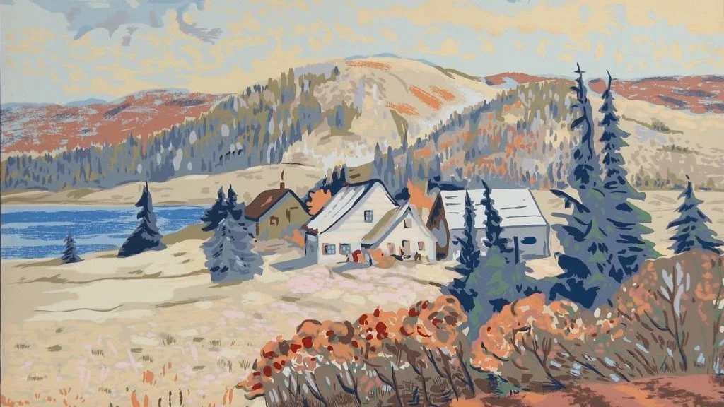 A landscape painting of a winter scene with snow-covered hills, pine trees, a small lake, and a few houses with snow on their roofs.