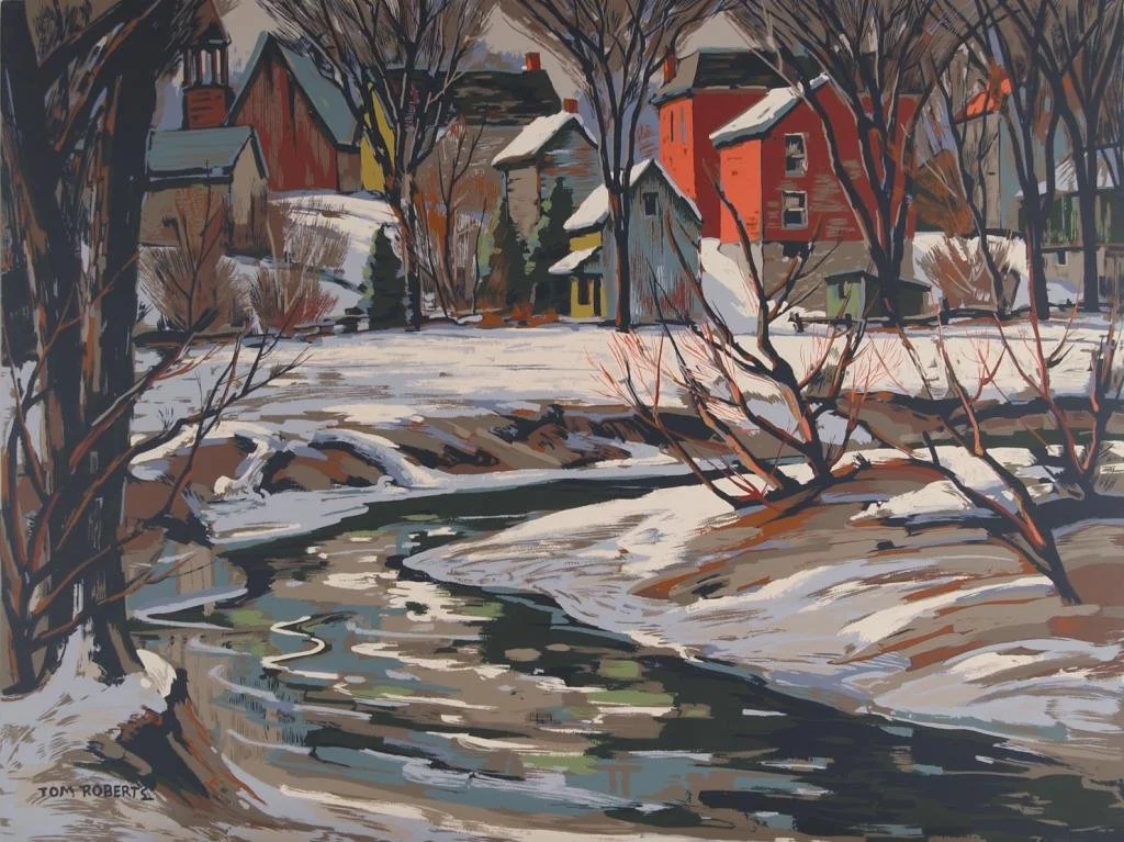 A winter landscape painting of a small town with snow-covered rooftops and trees along a winding river.