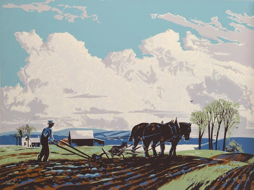 A rural scene with a farmer plowing a field with a horse, a dog accompanying them, and small houses in the background under a large cloudy sky.