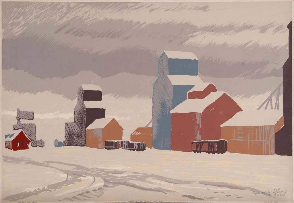 A painting of a snowy landscape with a small red house on the left and several barn-like structures in various colors with snow on their roofs. There are train cars on tracks in the middle ground and a cloudy sky above.