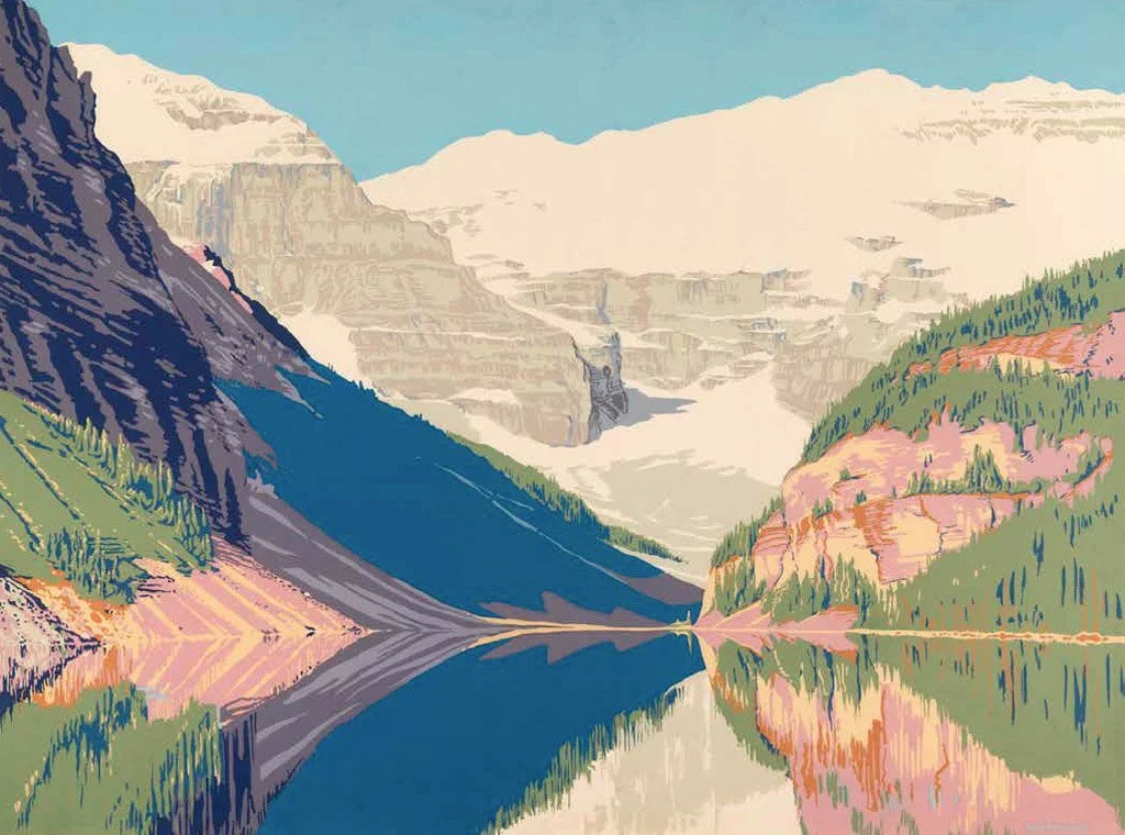A landscape painting of a mountain lake, with steep mountain slopes on both sides reflecting in the calm water. Snow-capped peaks are visible in the background under a clear blue sky.