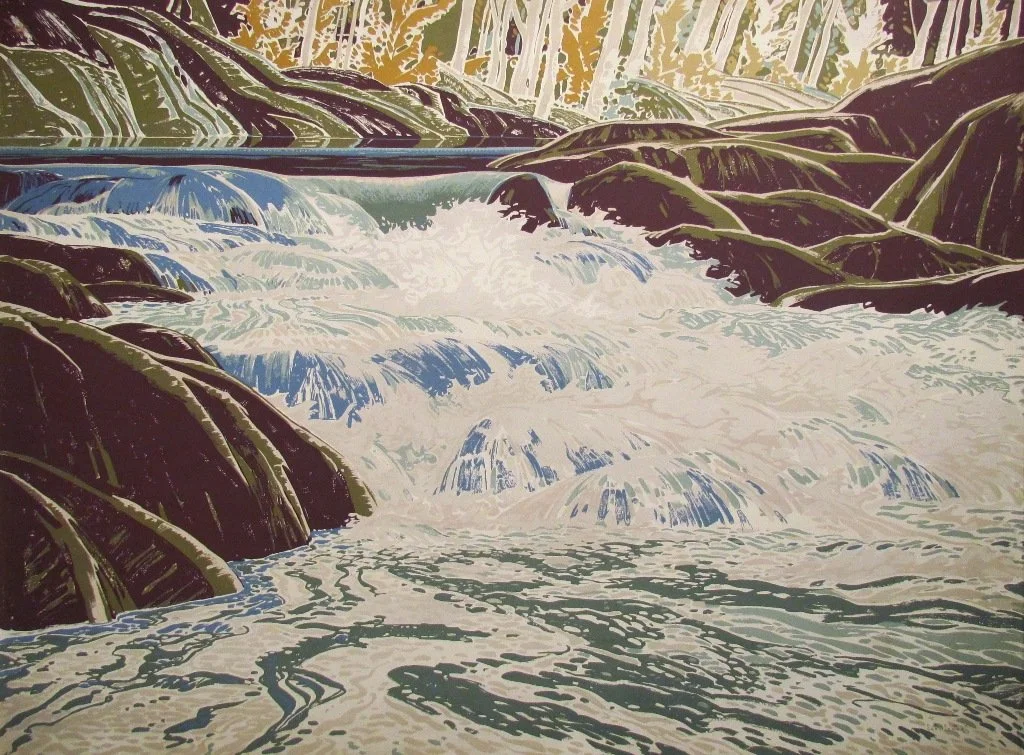 A painting of a river with rushing water flowing over rocks surrounded by forested hills.