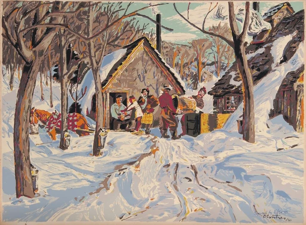 A winter scene depicting people gathering outside a house, with snow-covered trees and pathway, some cows nearby, and several lanterns along the path.