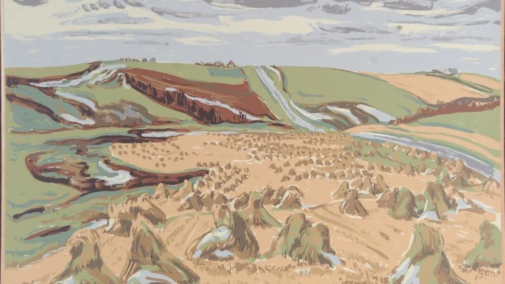 An illustrated landscape of a farm with haystacks in the foreground, rolling hills in the background, and a river flowing through the scene under a cloudy sky.