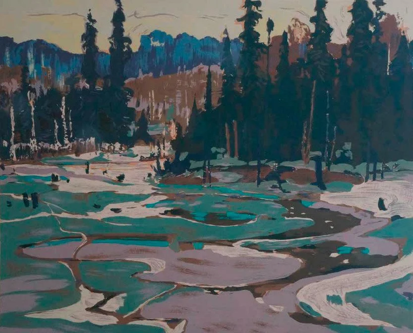 Painting of a forested landscape with a river running through it, tall trees in the background, and a mountain range in the distance.
