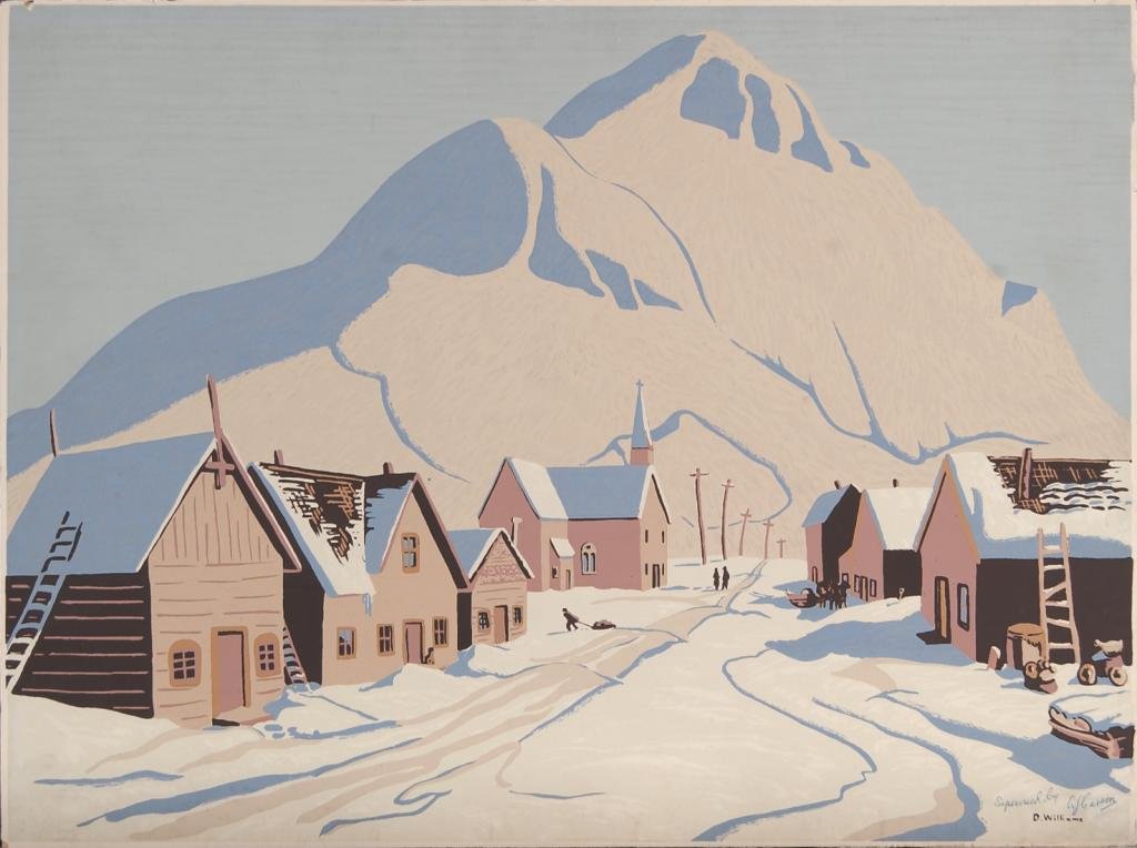 Snow-covered rural village with houses, a church, and mountains in the background.