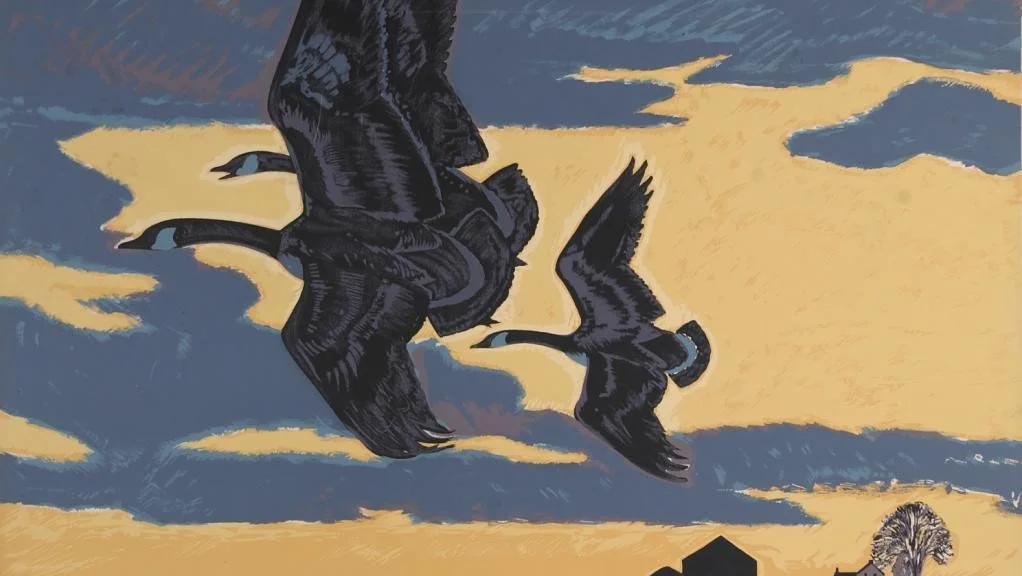 Painting of two Canada geese flying in the sky with yellow and blue clouds, and a tree silhouette in the background.