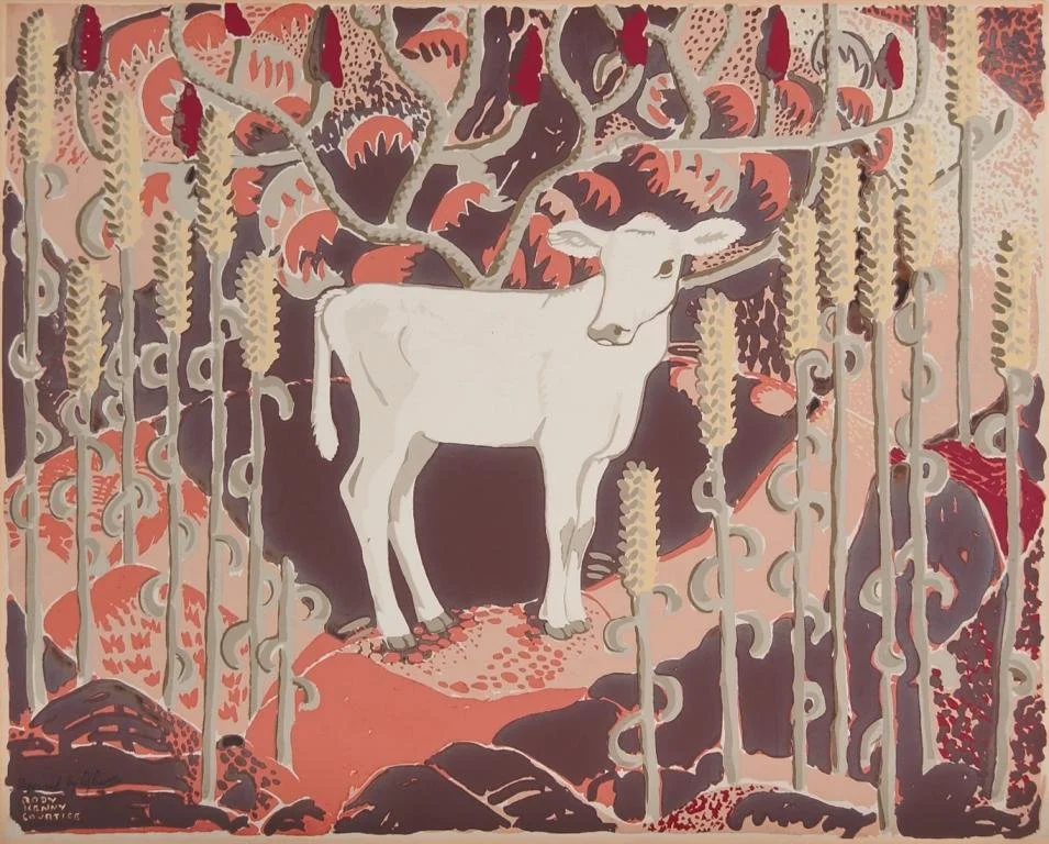 A white cow standing among tall plants with hanging seed pods, in a stylized, abstract landscape with reddish, dark, and beige colors.