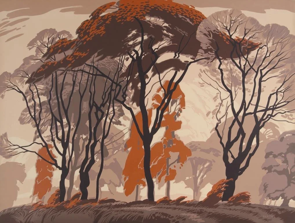 Illustration of a group of leafless trees with some orange-brown leaves, set against a background of more trees and a cloudy sky.