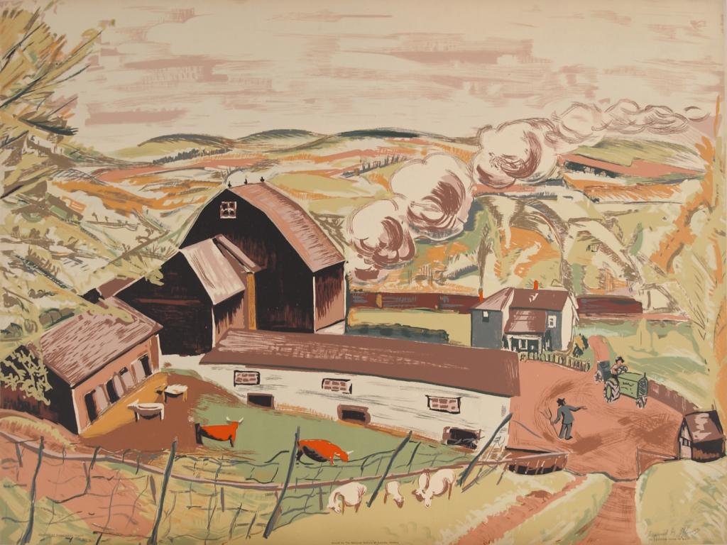 Pastoral farm scene featuring barns, cows, a man, and a horse-drawn cart in a hilly landscape.