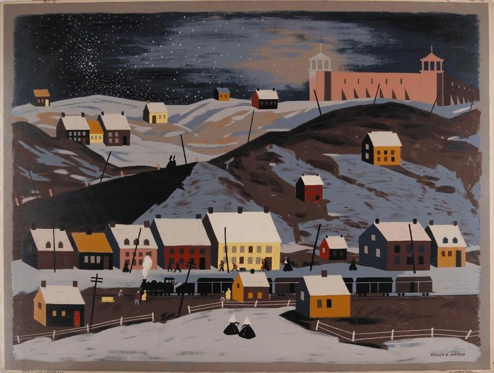 A painting of a winter village scene with snow-covered and colorful houses on hills, a dark sky with stars, and a large bridge or dam in the background.