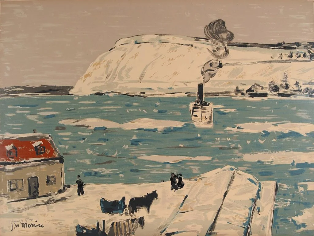 Painting of a seaside scene with cliffs in the background, a boat in the water, and a sailboat with a smoking chimney. In the foreground, there is a small house, horses, and people on the snowy ground.
