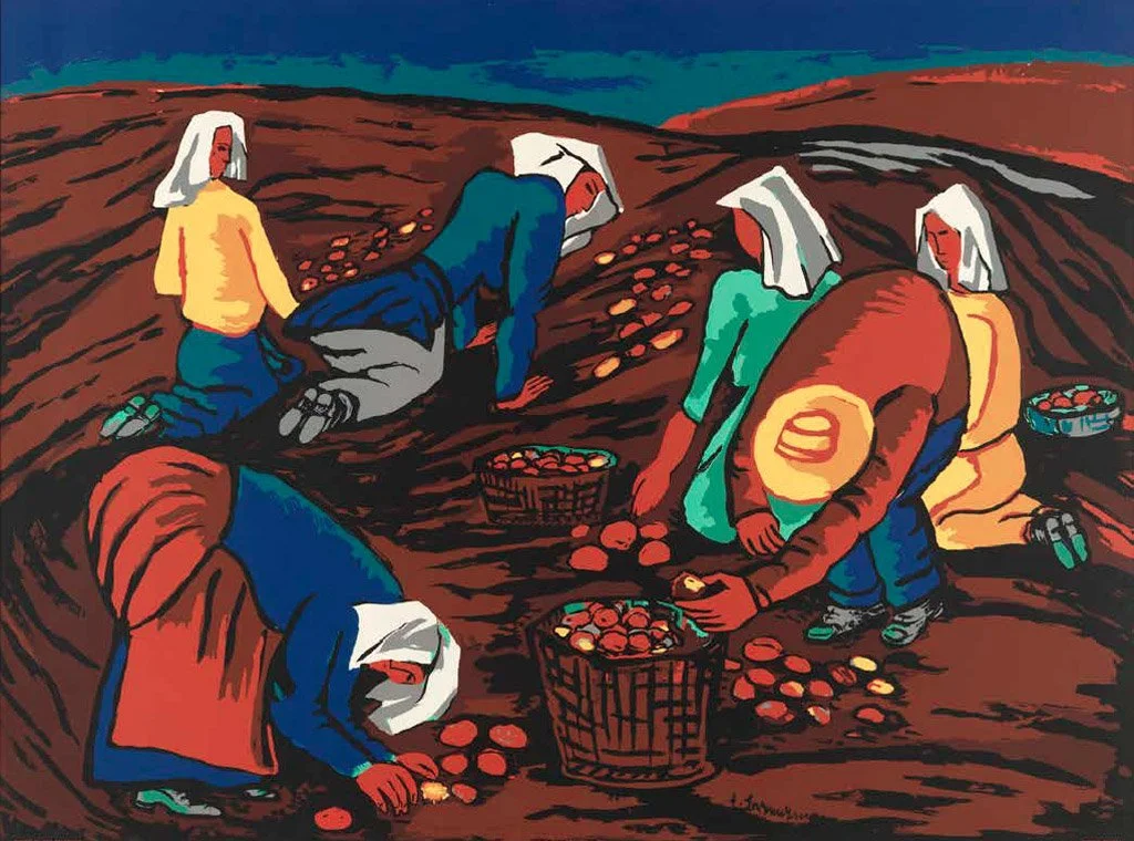 Illustration of five people harvesting potatoes in a field, wearing head coverings and casual clothing, with baskets of potatoes around them under a dark sky.
