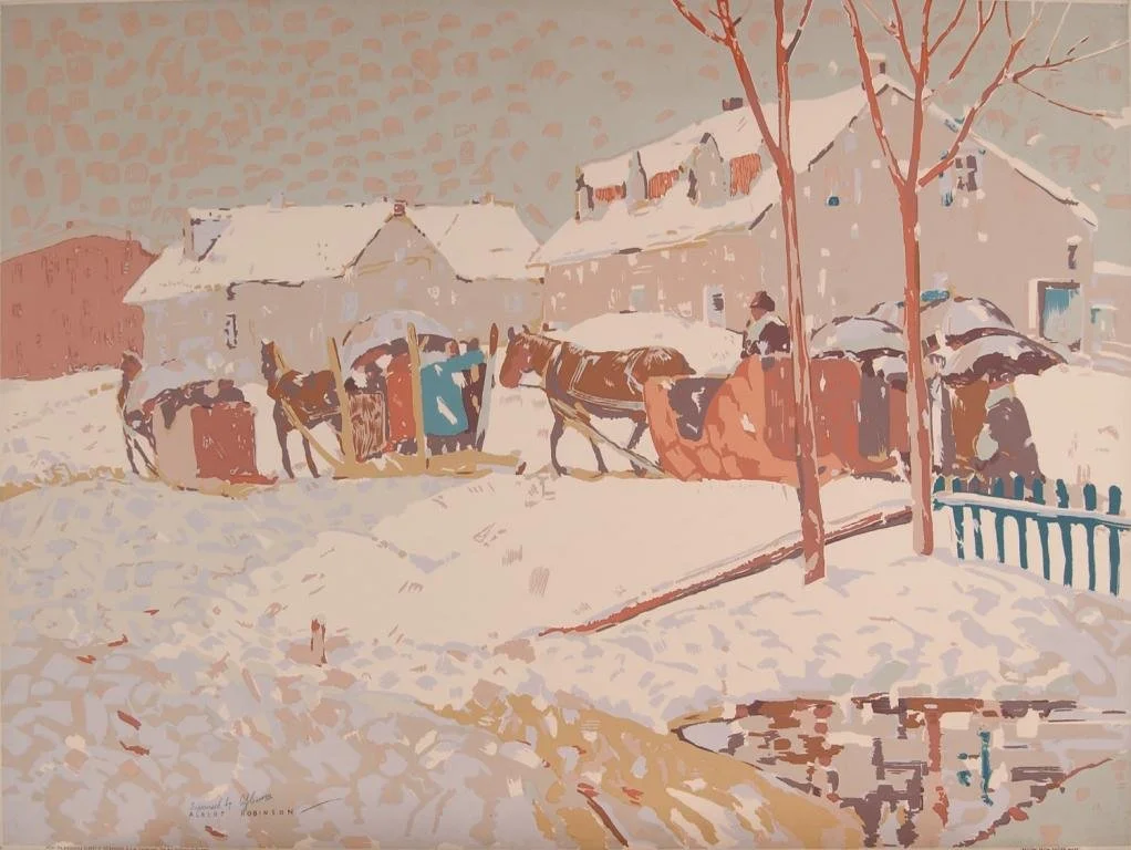 A snowy winter scene with horses pulling sleighs and people walking, with houses and leafless trees in the background.