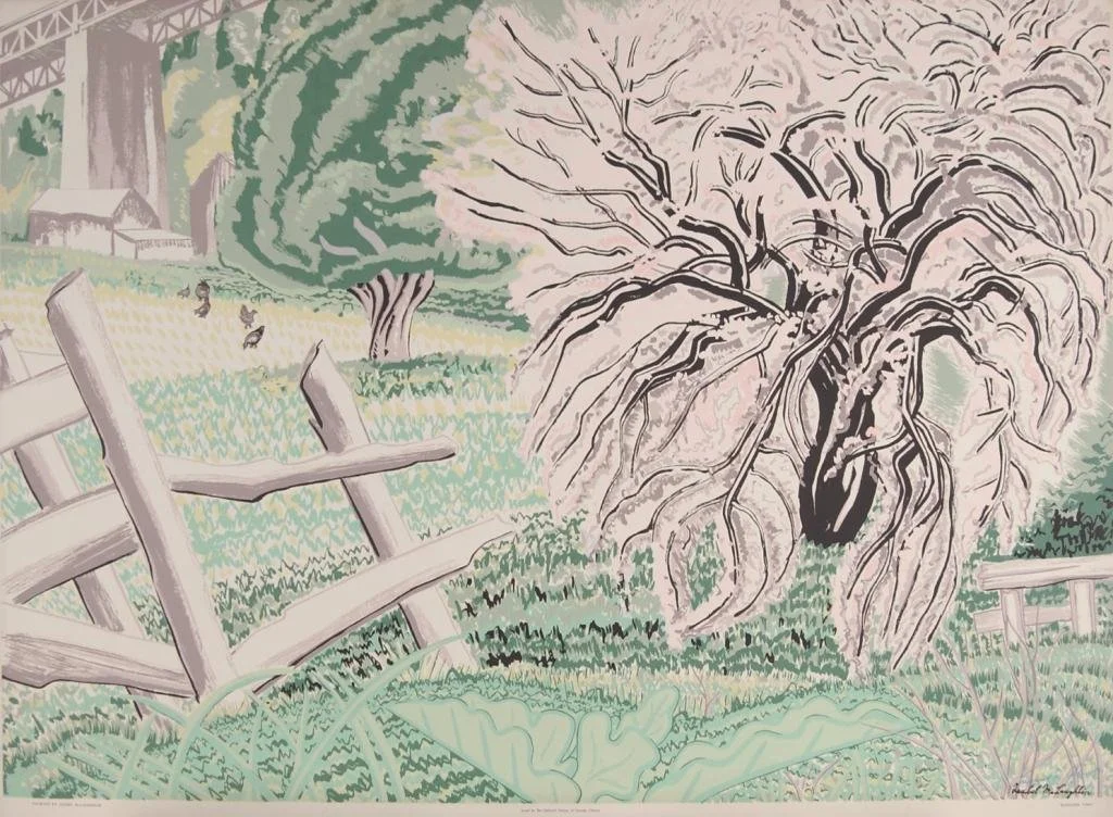 A peaceful outdoor scene with a large tree with pink blossoms, a green leafy tree, and an old wooden wheelbarrow in the foreground. There are a few chickens and a barn in the background.
