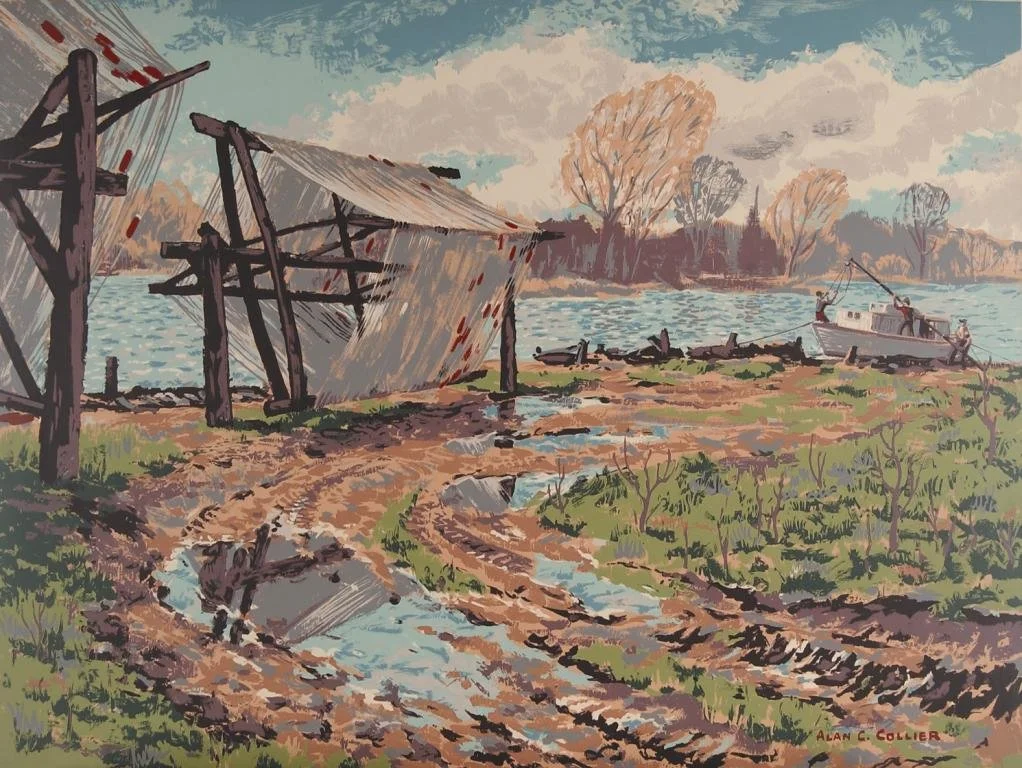 A painting of a riverside scene with a broken dock, muddy ground, and a boat in the water. There are trees with autumn-colored leaves in the background under a cloudy sky.