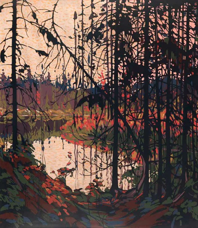 Illustration of a forest scene with tall trees, some reflected in a body of water, and autumn foliage, during sunset or sunrise.