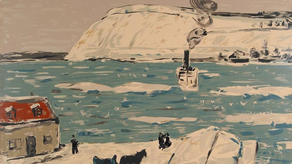 A painting of a coastal scene with an ocean, a ship, and buildings along the shore.