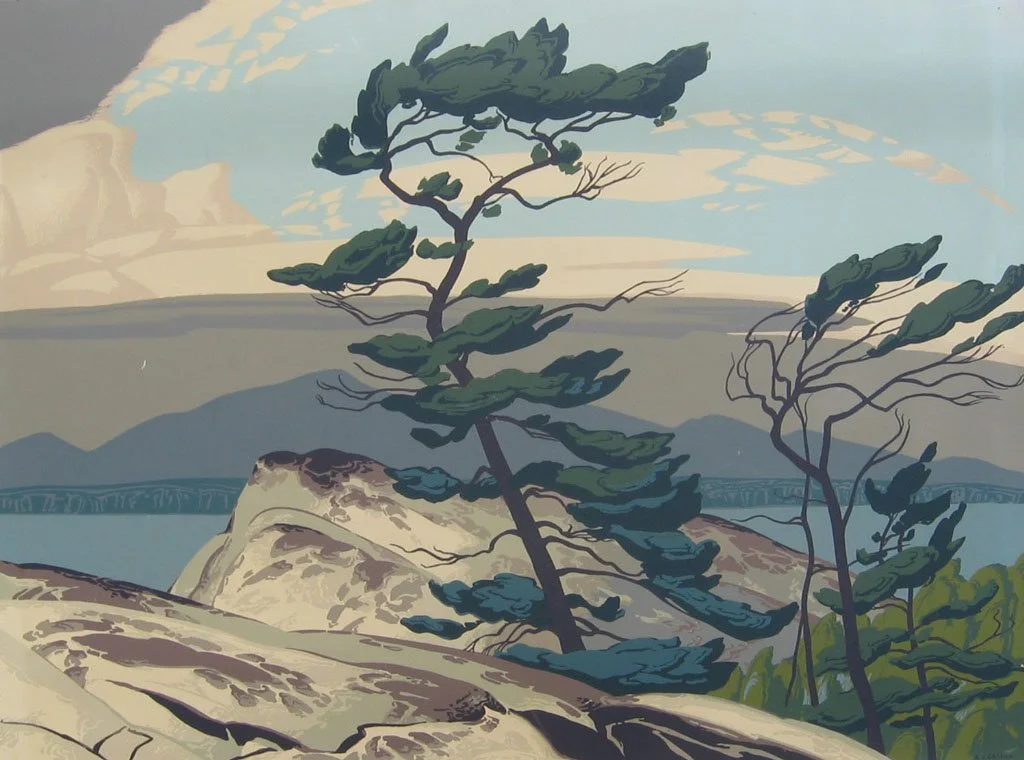 An artistic depiction of a coastal landscape featuring two windswept pine trees growing on rocks, with an ocean and distant mountains in the background.