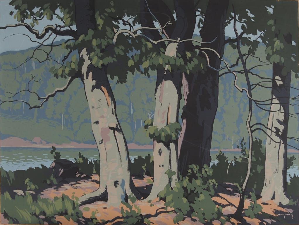 Painting of a riverside scene with several trees, water in the background, and the sky visible through the leaves.