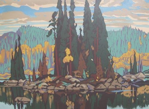 Serene painting of a lakeside with tall trees, rocks along the shore, and mountains in the background under a cloudy sky.