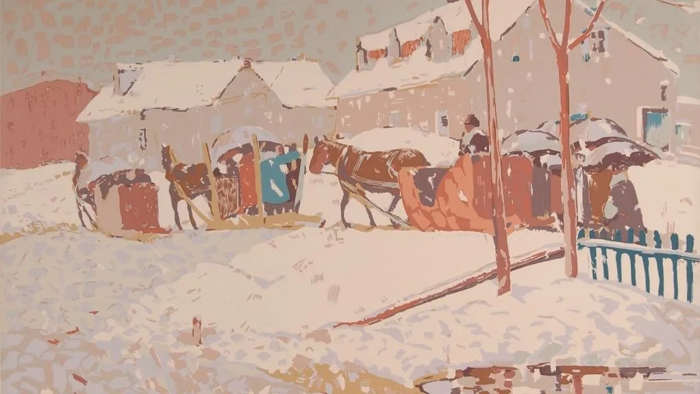 A snowy scene depicting a horse-drawn sleigh with a group of people gathered around, houses in the background, and snow-covered trees and ground.
