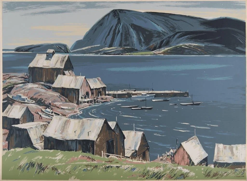 A scenic painting of a coastal village with wooden houses with metal roofs, a harbor with boats, and mountains in the background.