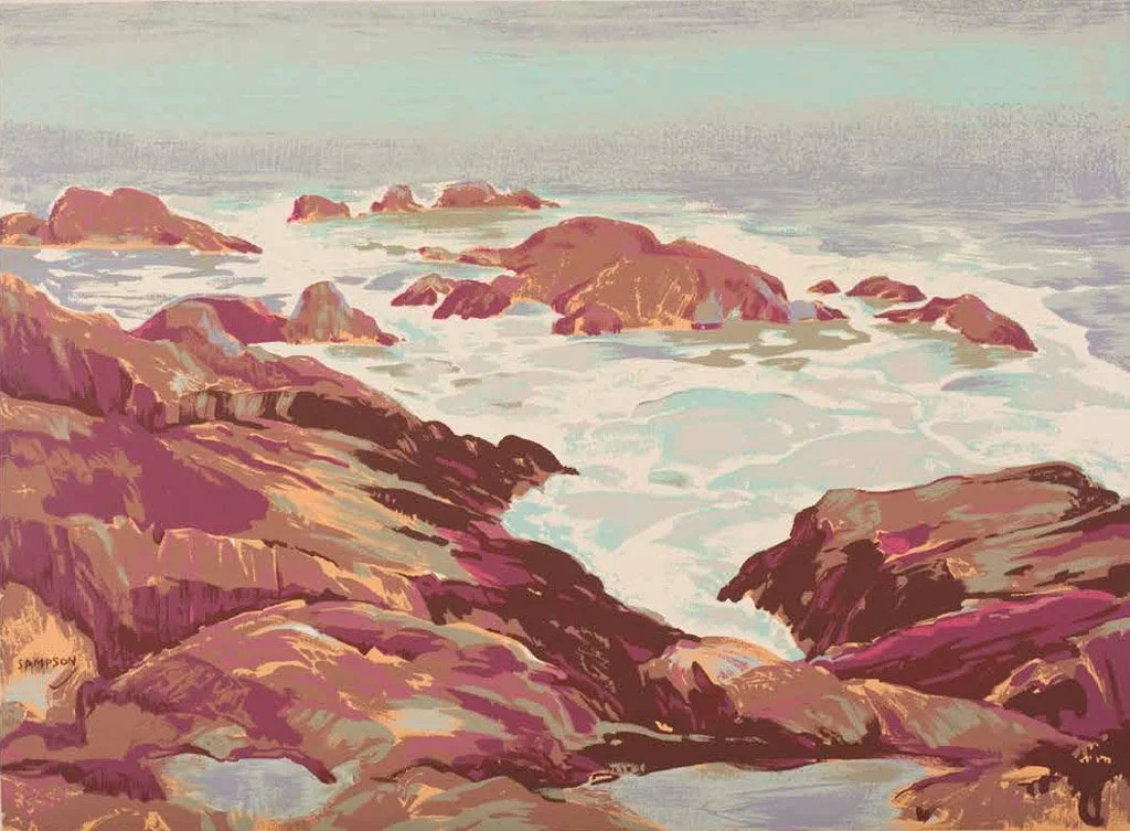 A painting of a rocky coastline with waves crashing against the rocks under a cloudy sky.