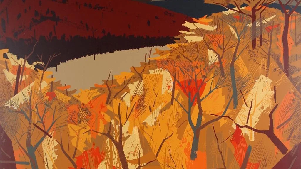 Abstract painting of autumn trees with orange, yellow, and brown leaves, and a dark sky or mountain in the background.