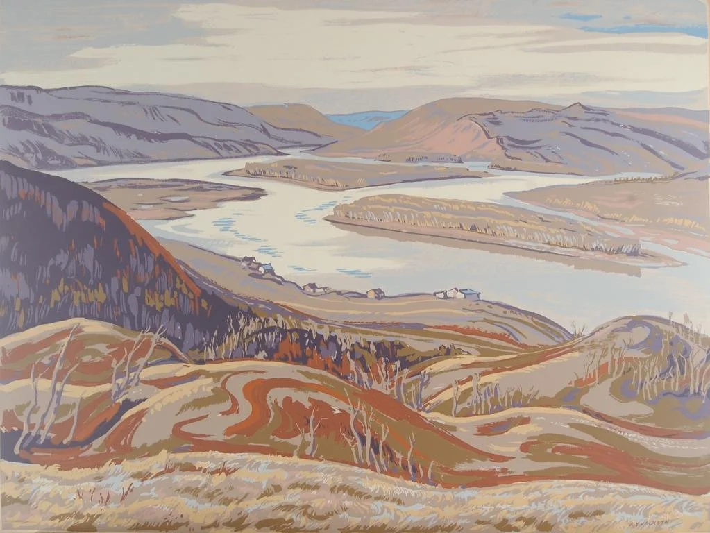 A painted landscape of rolling hills and mountains with a river winding through the valley, distant mountains, and a cloudy sky.