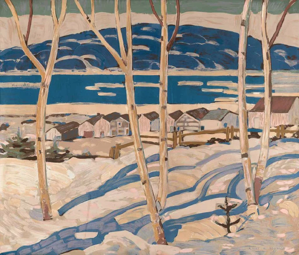 A landscape painting depicting snow-covered ground with tall, slender trees in the foreground, a small village with houses in the middle ground, and mountains with dark clouds in the background.