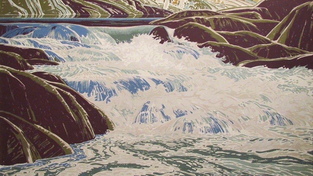 Painting of a river with flowing waters surrounded by rocks and green hills in the background.