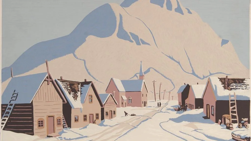 A snowy village scene with wooden houses, some with ladders on their roofs, a church in the background, a mountain behind, and a couple of people walking in the snow.