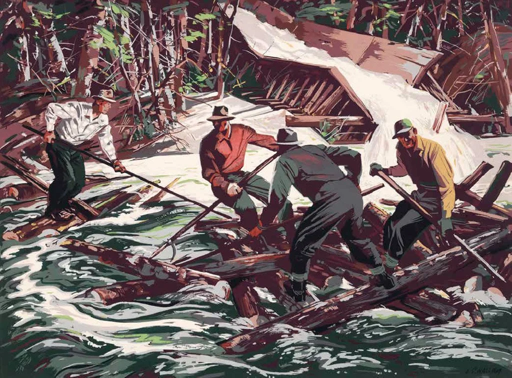 Four men working together to remove a fallen log or debris from a river.