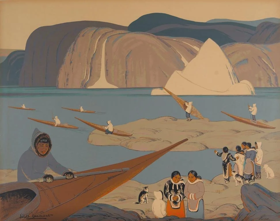 A traditional fishing scene by the water with multiple people using long boats and fishing equipment. There are people on the shore, some with dogs, and large rocky cliffs in the background.